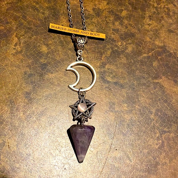 Purple Amethyst Pendulum Crescent Moon Necklace Jewelry New Witch Boho Magic - Picture 8 of 9